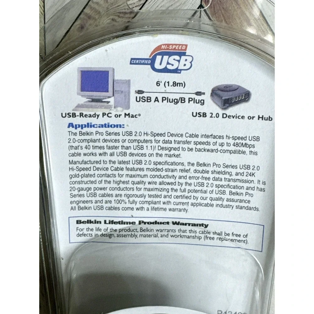New Sealed Belkin USB 2.0 Cable 6ft Black Hi-Speed A to B Printer Scanner